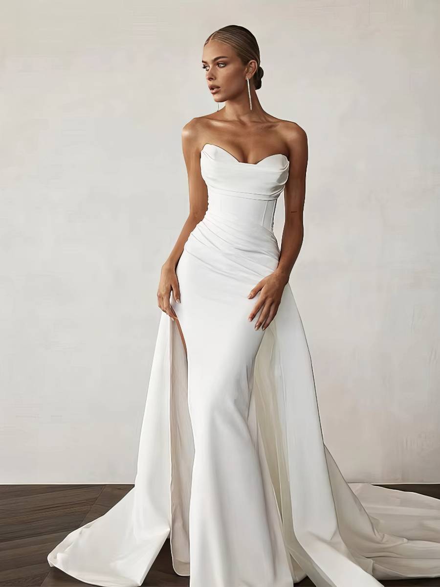 Robe De Mariée Sirène Blanche Bustier Drapé Fente Élégante