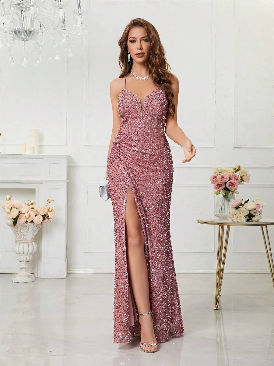 Robe Longue Pailletée Bretelles Fines Fente Haute Coupe Sirène Élégante Soirée