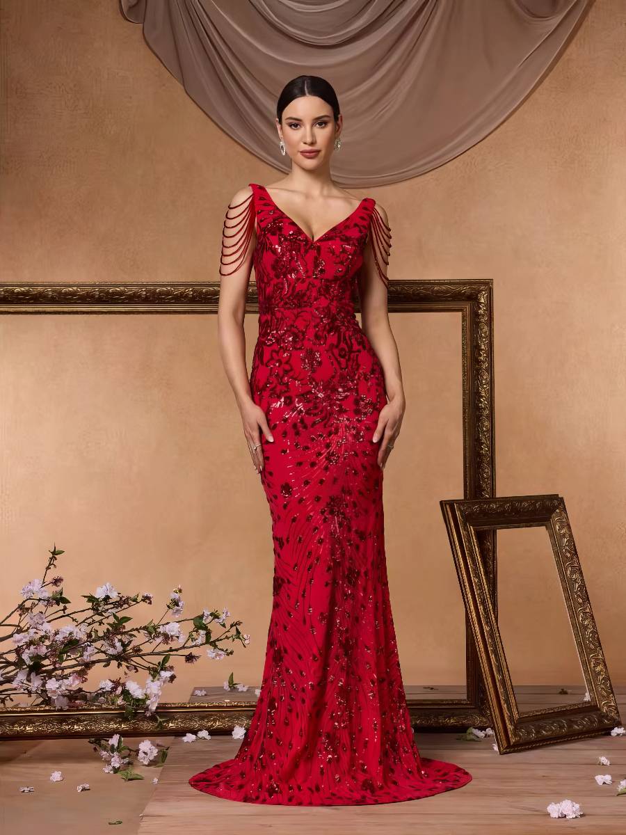 Robe Rouge Pailletée Sirène Col En V Épaules Bijoux Soirée Élégante Maxi Scintillante