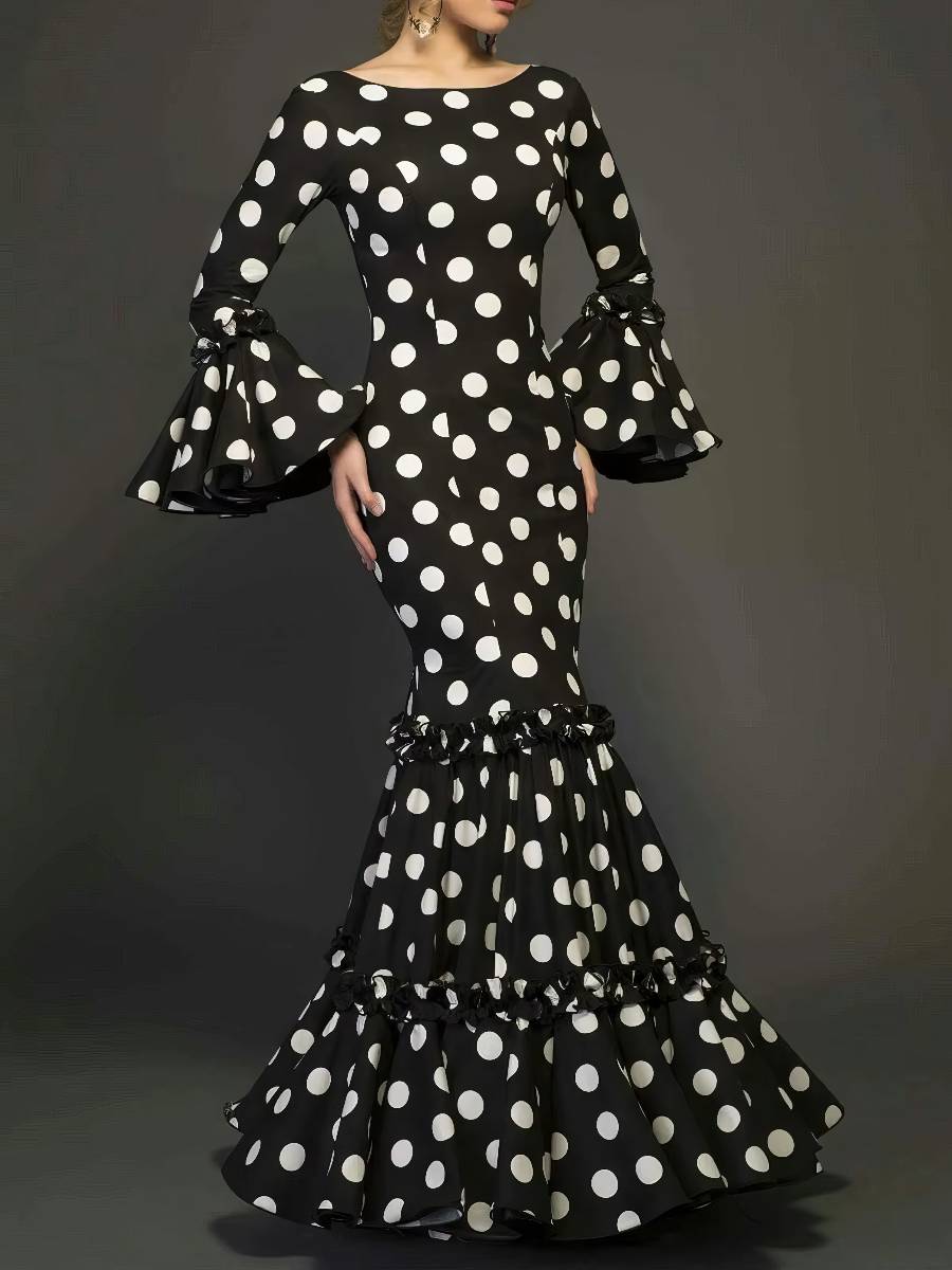 Robe Sirène À Pois Manches Volantées Bas Flamenco À Volants