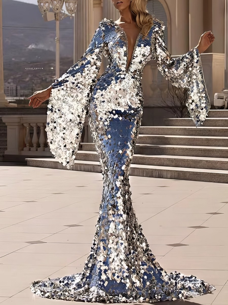 Robe Sirène Argentée Paillettes Col V Manches Évasées Taille Haute Longue Soirée