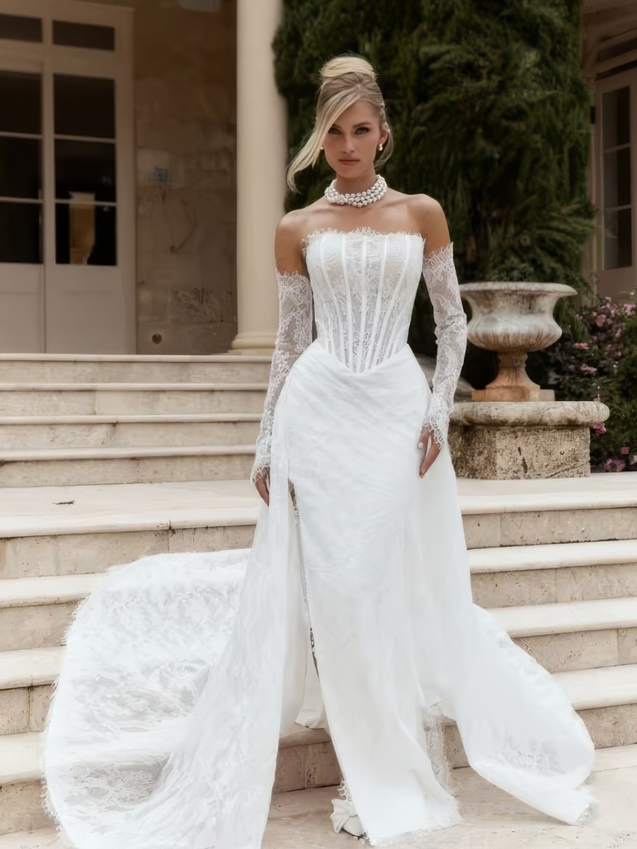 Robe Sirène Blanche Bustier Corset Dentelle Manches Longues Traîne Mariage
