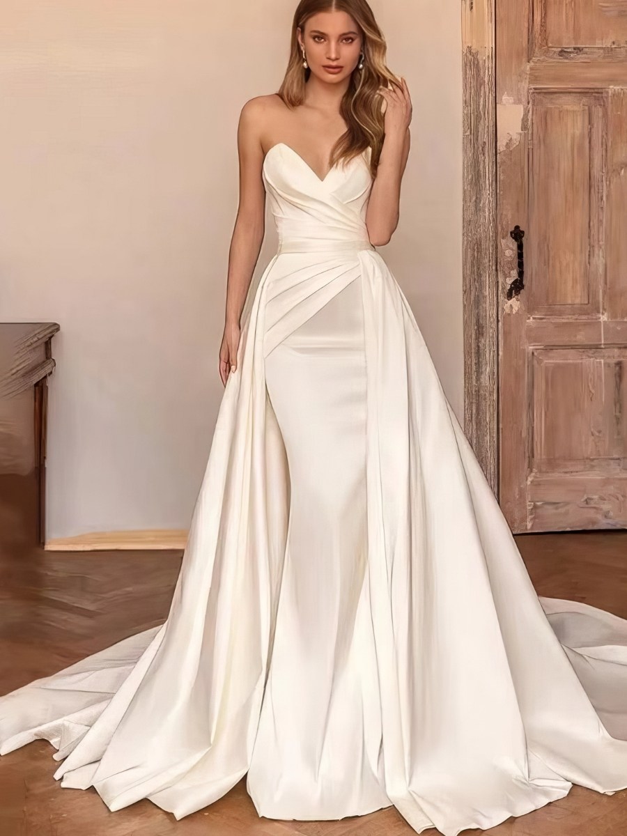 Robe Sirène Blanche Bustier Satin Traîne Longue Élégante Mariage