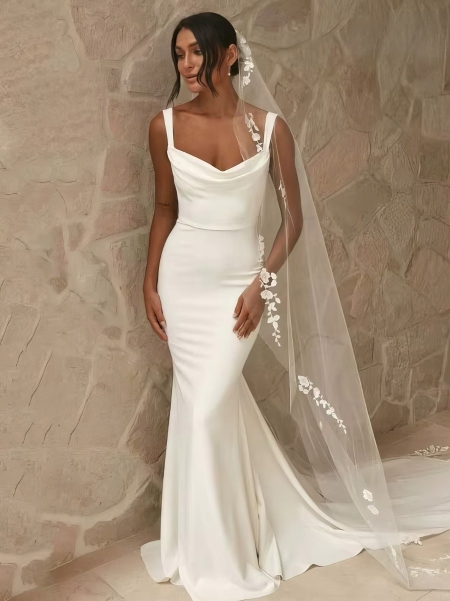 Robe Sirène Blanche Col Drapé Bretelles Satin Élégante Traîne Mariage