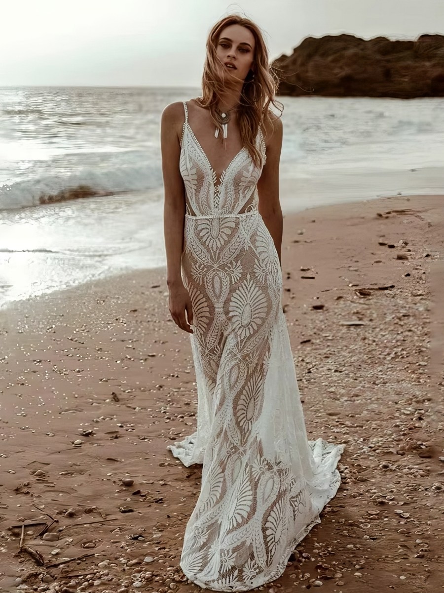 Robe Sirène Blanche Dentelle Bohème Col V Traîne Mariage Plage