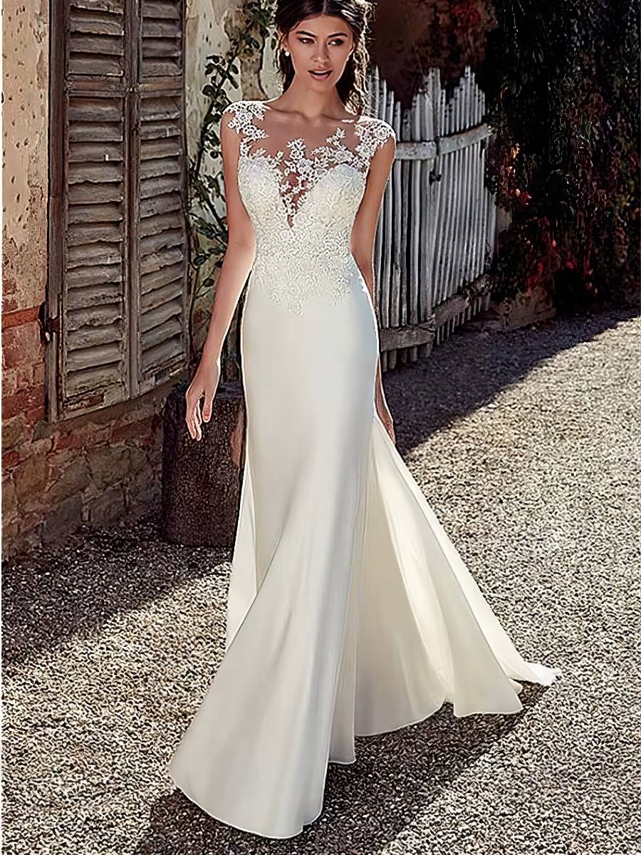 Robe Sirène Blanche Dentelle Col V Dos Transparent Traîne Mariage