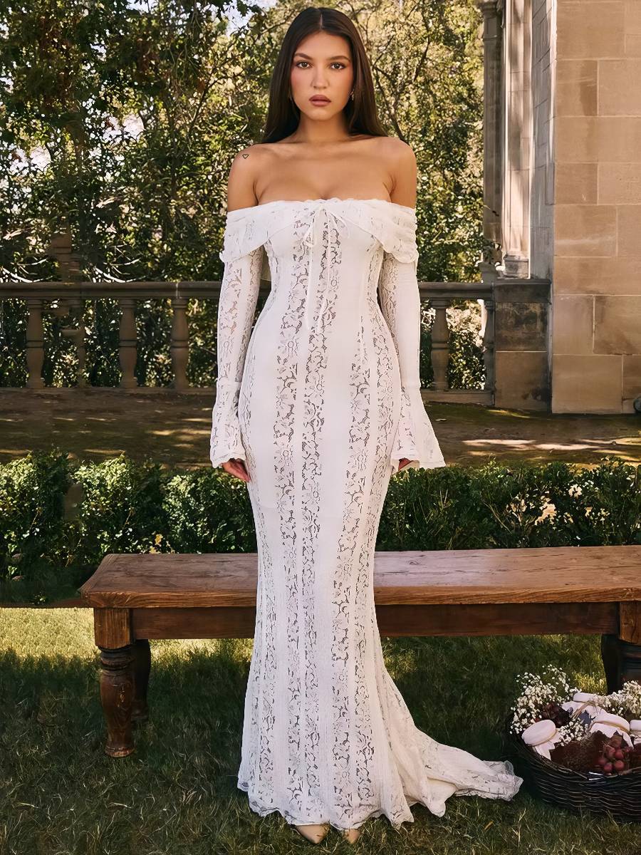 Robe Sirène Blanche Dentelle Épaules Dénudées Manches Évasées