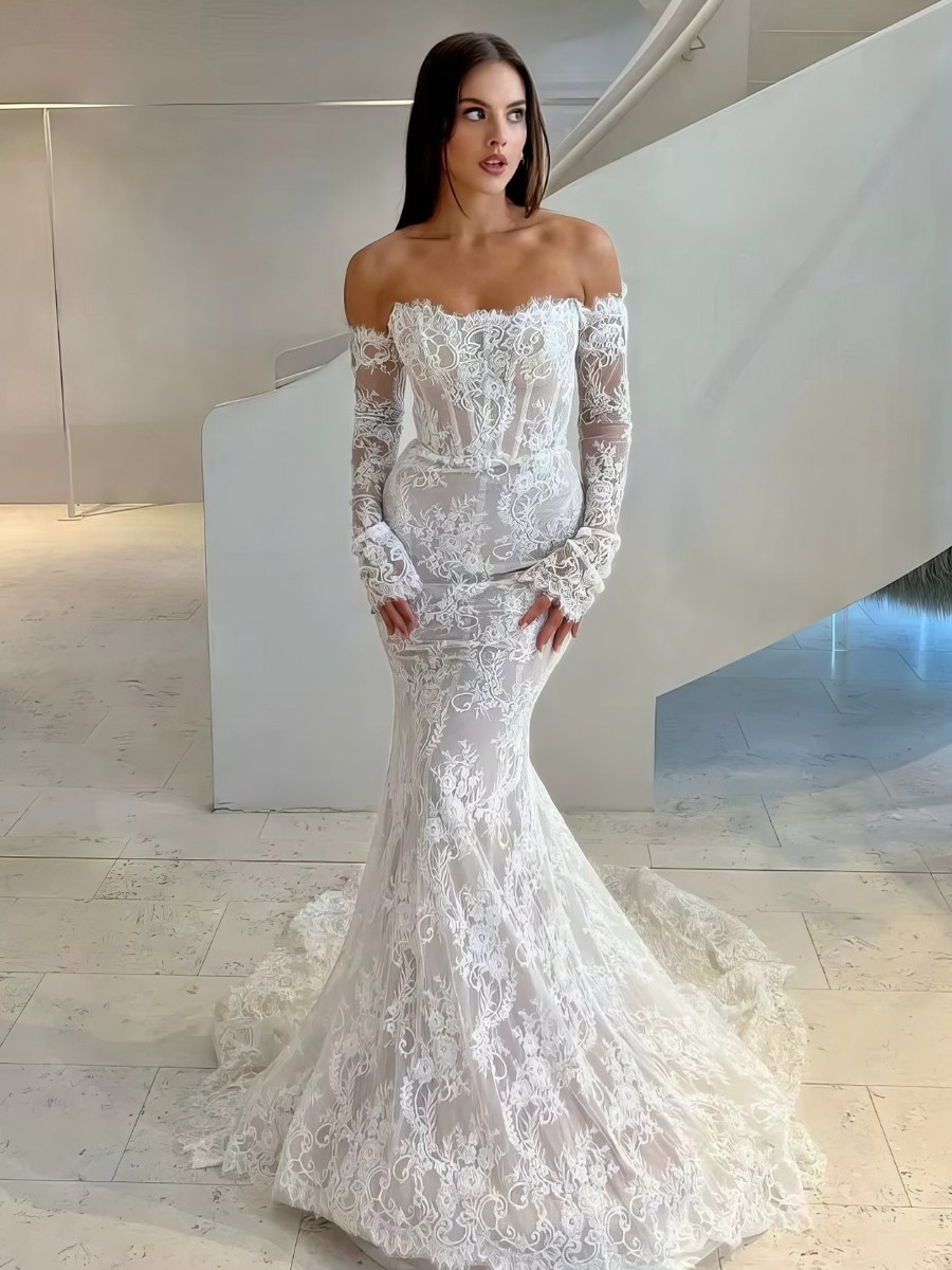 Robe Sirène Blanche Dentelle Épaules Dénudées Manches Longues Mariage