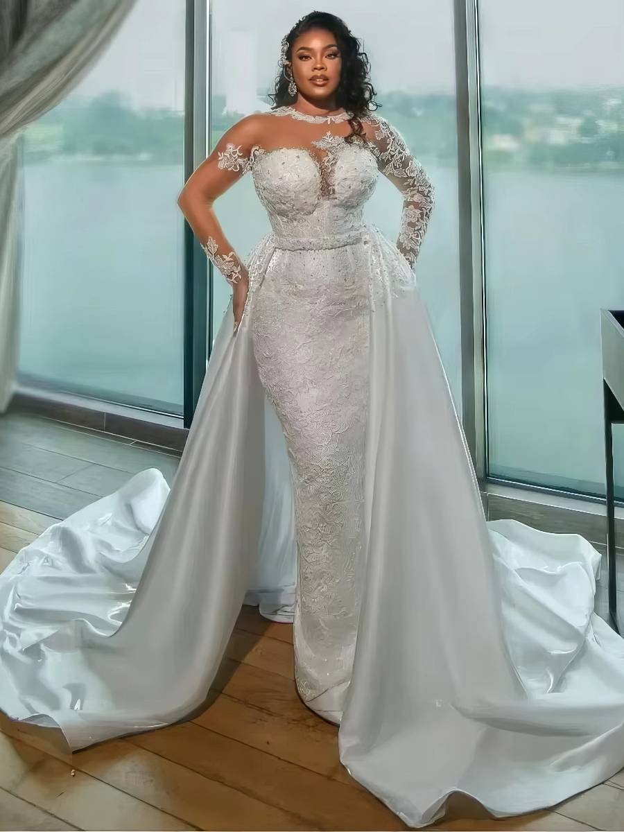 Robe Sirène Blanche Dentelle Manches Longues Cape Satin Élégante Mariage