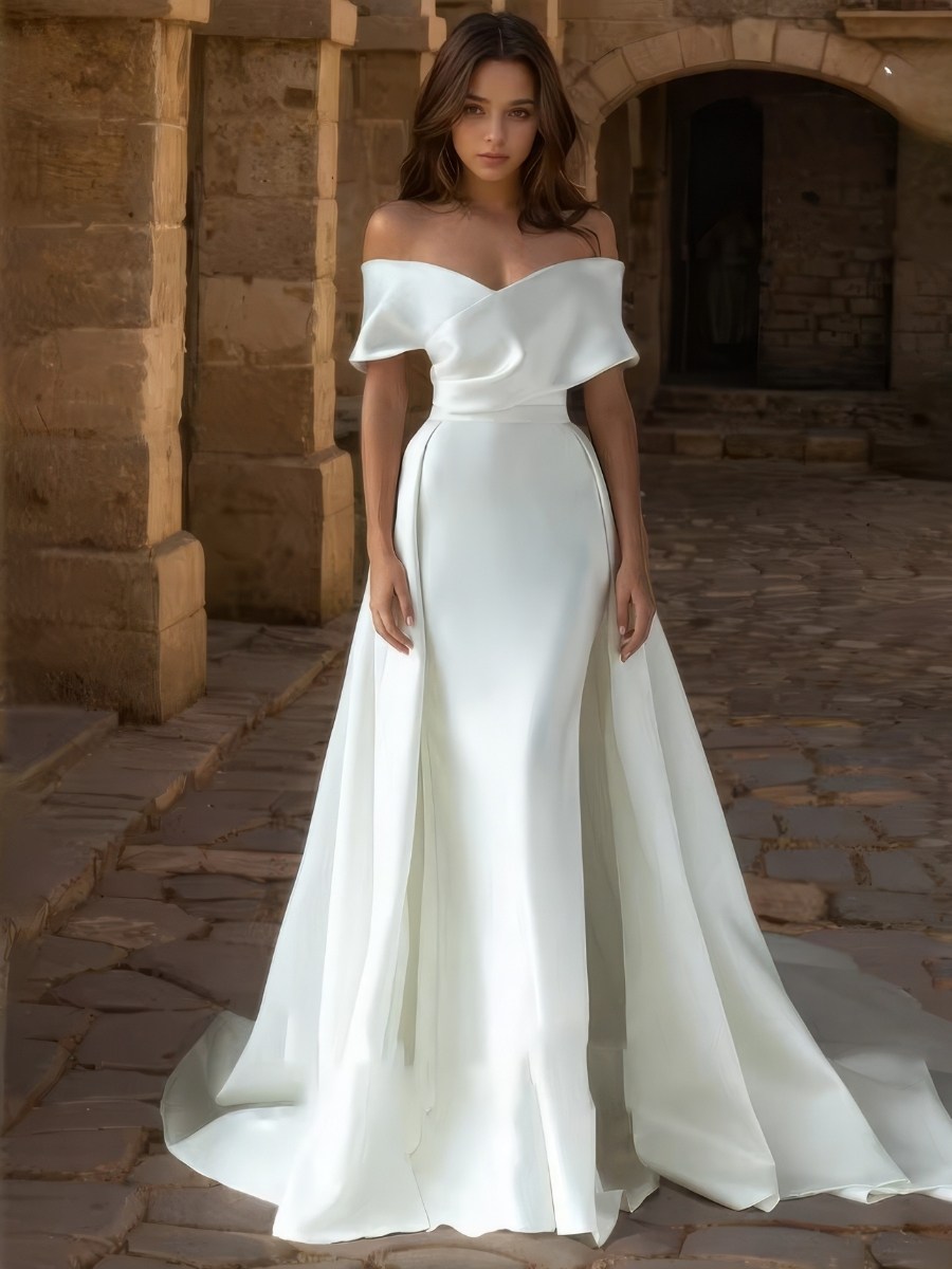 Robe Sirène Blanche Épaules Dénudées Traîne Amovible Satin Mariage