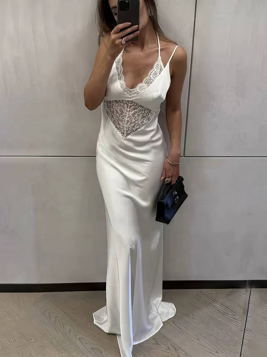 Robe Sirène Col En V Dentelle Dos Nu Bretelles Fines Coupe Longue Fluide