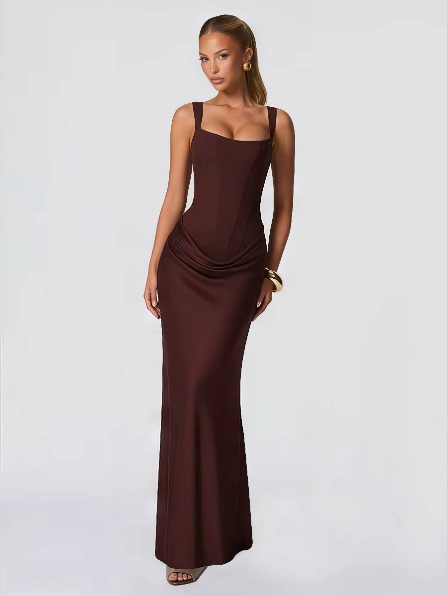 Robe Sirène Corset Drapé Bretelles Épaisses Coupe Fluide
