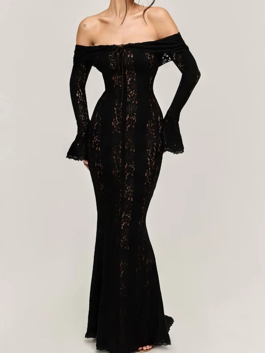 Robe Sirène Dentelle Épaules Dénudées Manches Évasées