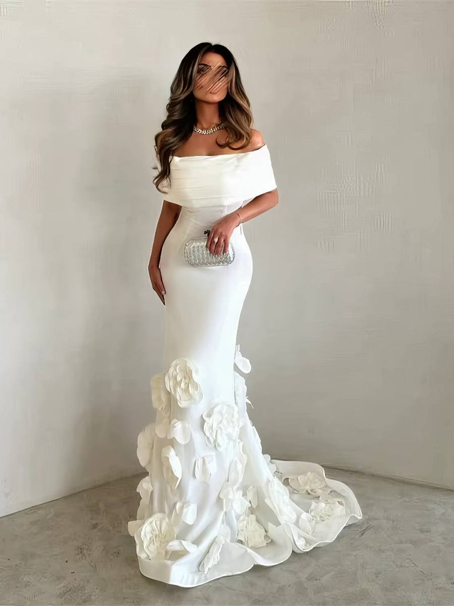 Robe Sirène Épaules Dénudées Avec Bas 3D Fleurs Traîne Sculptée