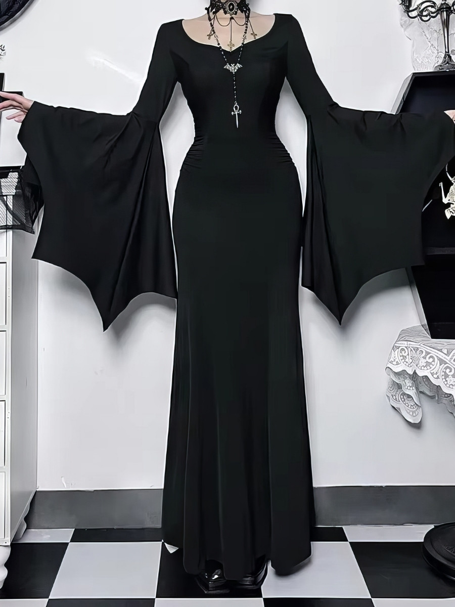 Robe Sirène Gothique Longue Noire Manches Chauve-Souris Dramatiques