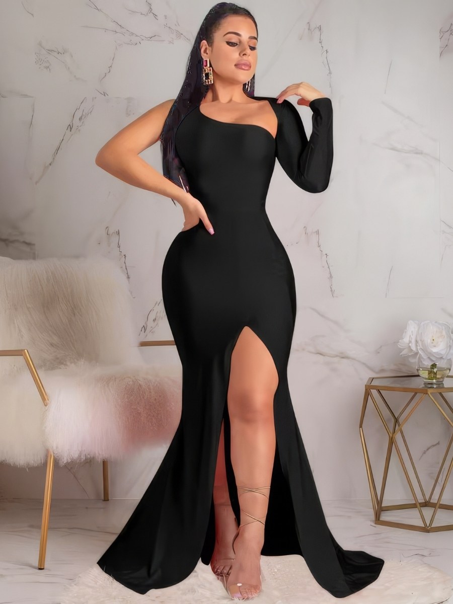 Robe Sirène Grande Taille Manches Longues Fente Haute