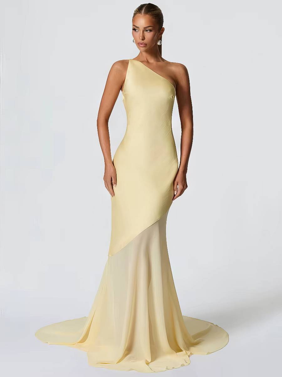 Robe Sirène Longue Asymétrique Satin Dos Nu Soirée