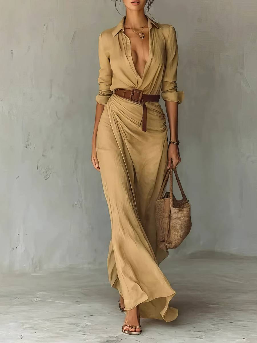 Robe Sirène Longue Ceinturée Col V Profond Manches Longues