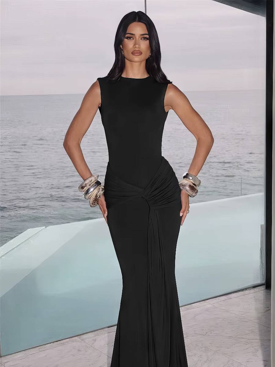 Robe Sirène Longue Drapé Froncé Coupe Sculptante Taille Haute