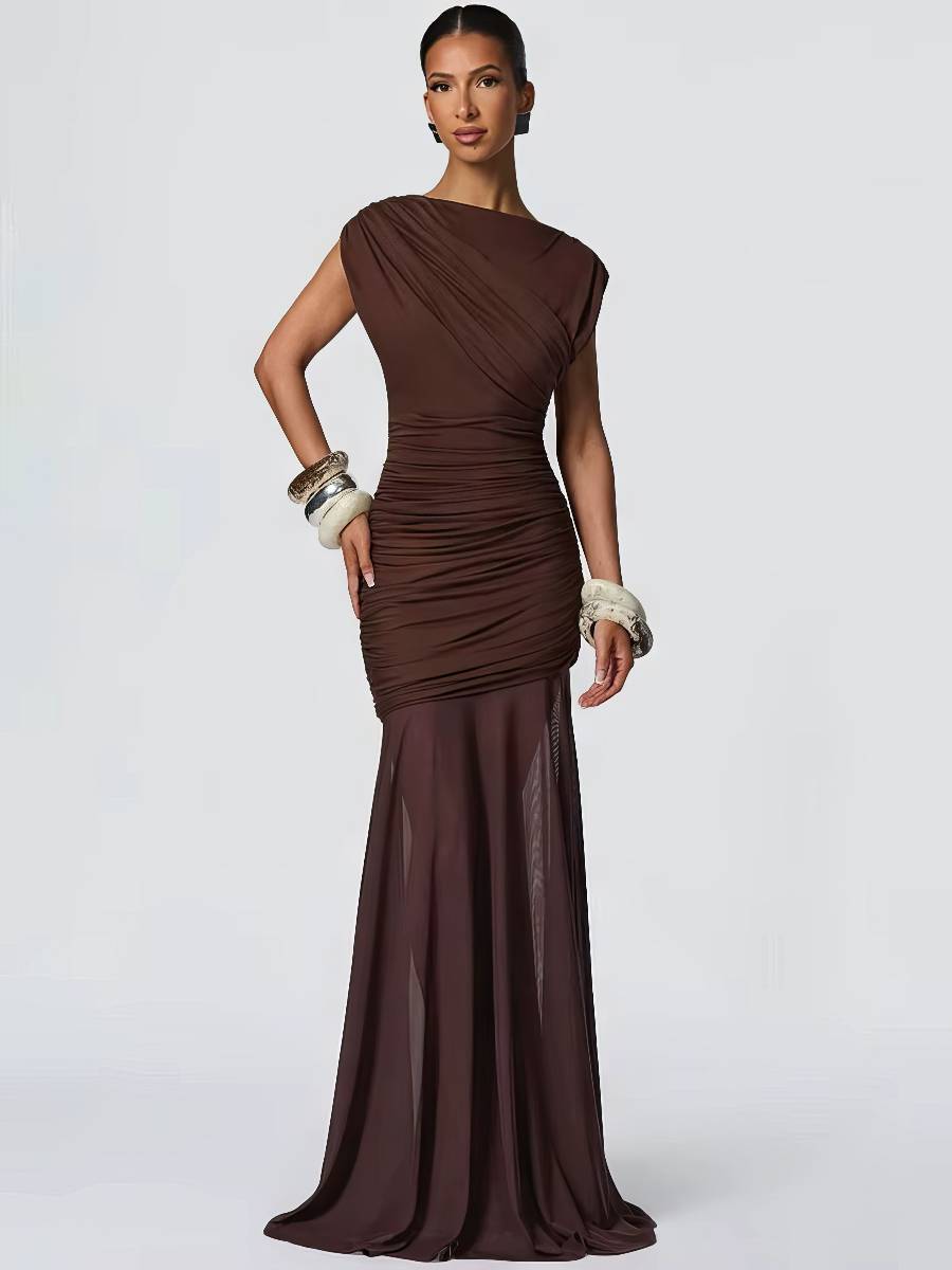 Robe Sirène Longue Froncée Col Rond Slim Taille Haute Soirée Sans Manches