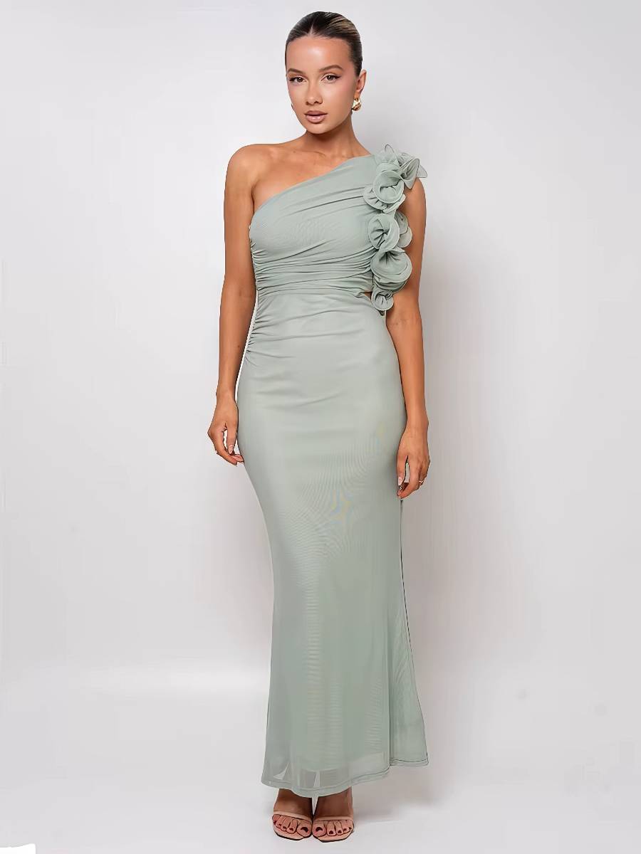 Robe Sirène Longue Moulante Épaule Unique Florale 3D