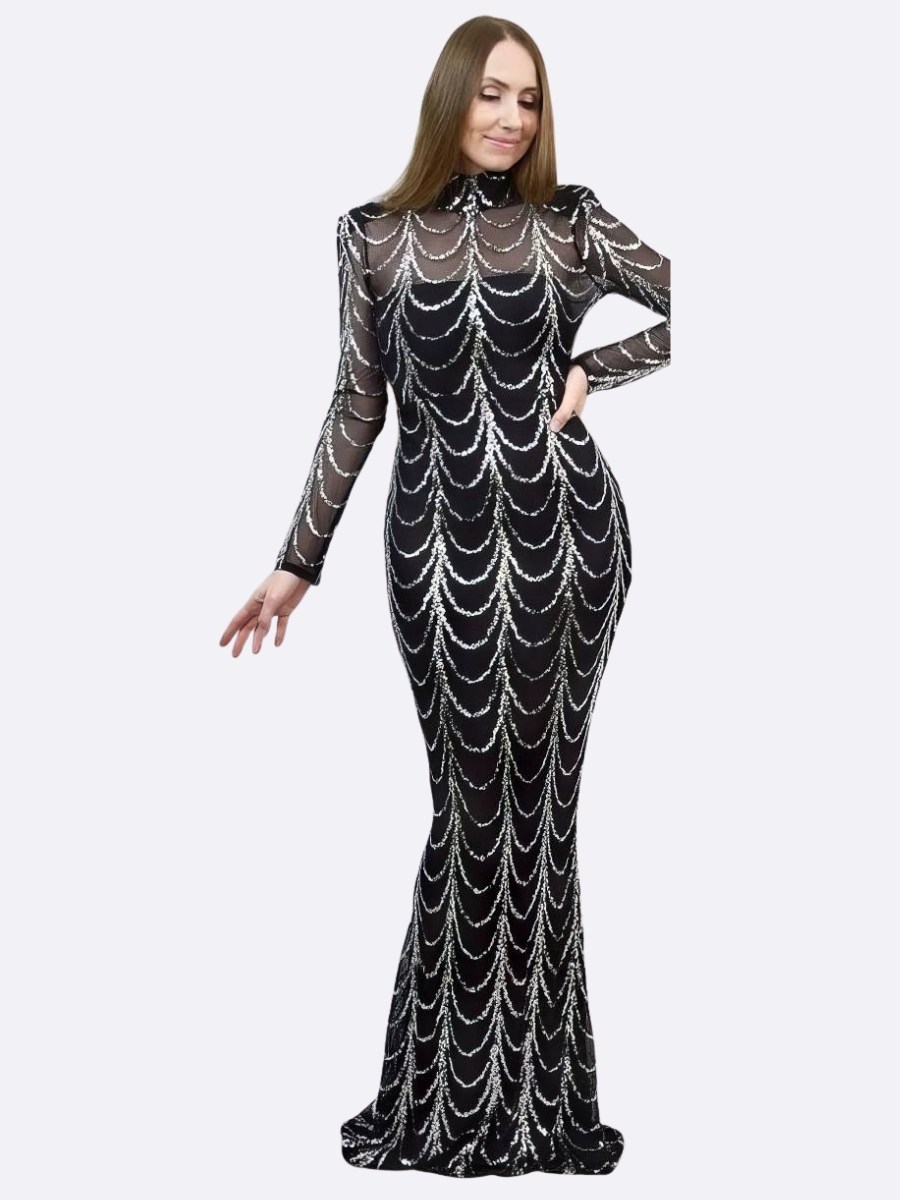 Robe Sirène Longue Noire Perlée Manches Longues Transparentes Motifs Chaînes Scintillantes