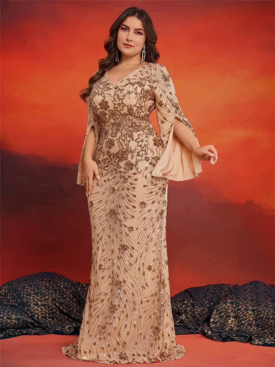 Robe Sirène Luxe Grande Taille Manches Longues Drapées