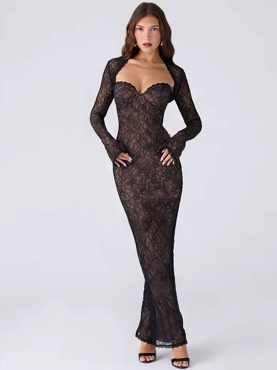 Robe Sirène Noire Dentelle Intégrale Manches Longues Décolleté Sculpté