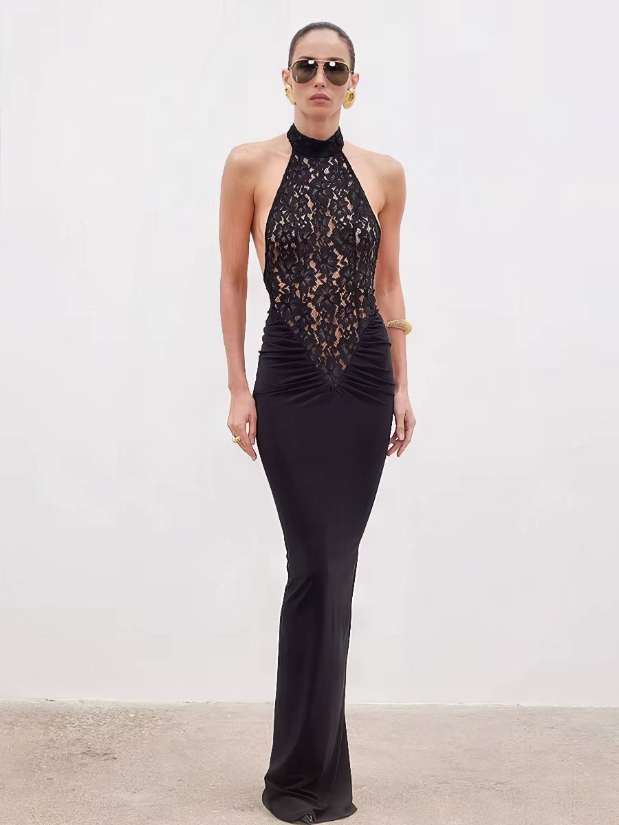 Robe Sirène Noire Dentelle Licou Drapé Hanche Dos Nu Et Coupe Moulante