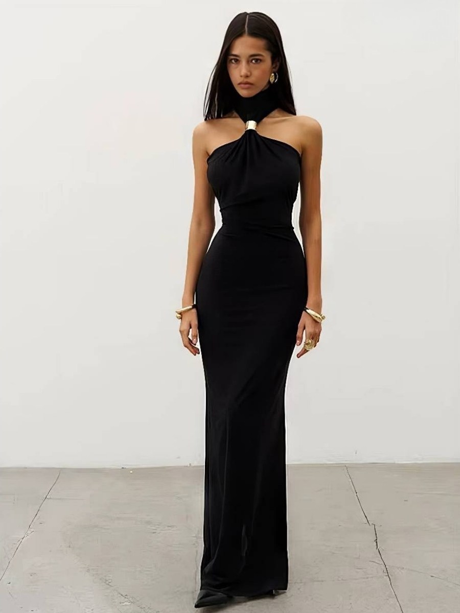Robe Sirène Noire Longue Licou Asymétrique Épaules Nues Élégante