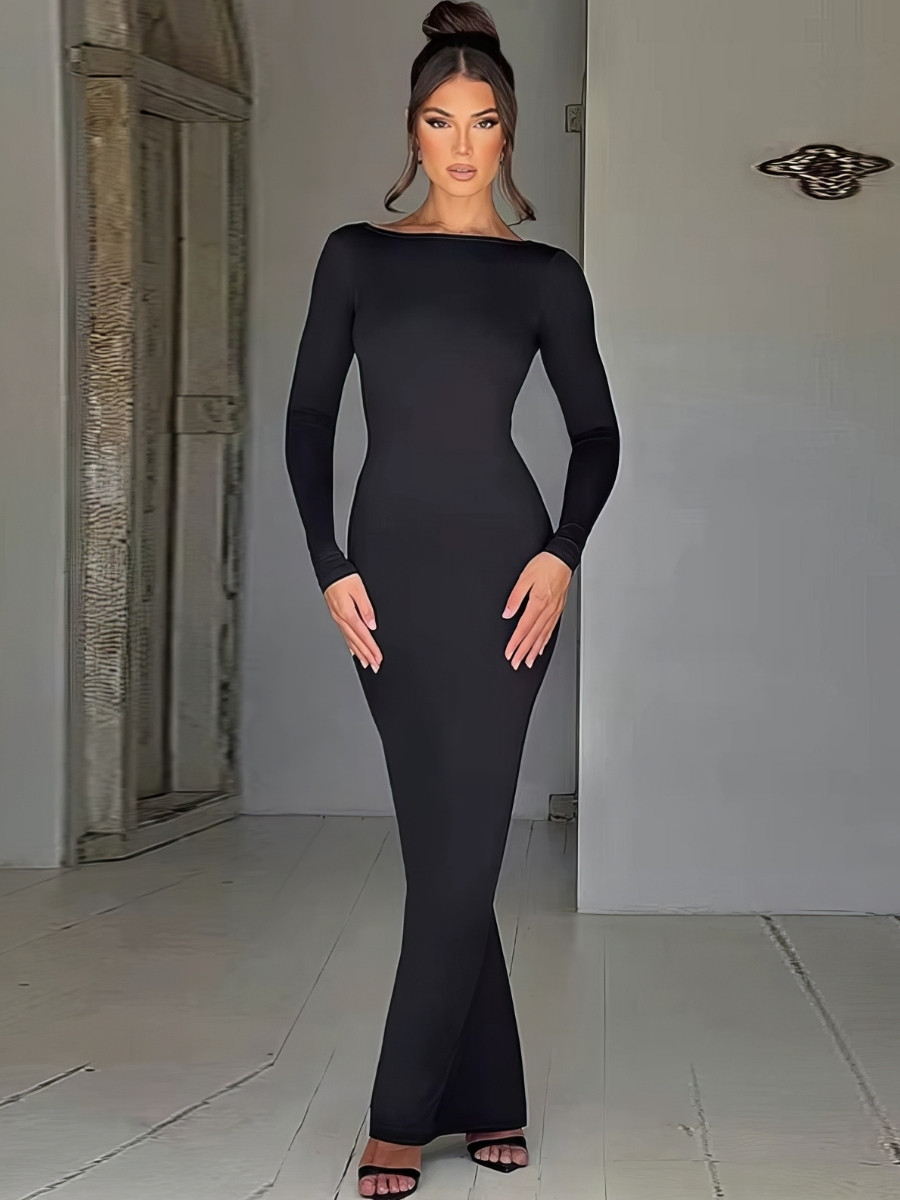 Robe Sirène Noire Manches Longues Dos Nu Froncé