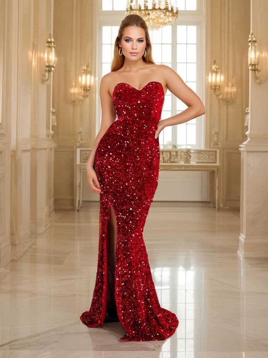 Robe Sirène Pailletée Fendue Bustier Glamour Soirée Élégante Velours Scintillant