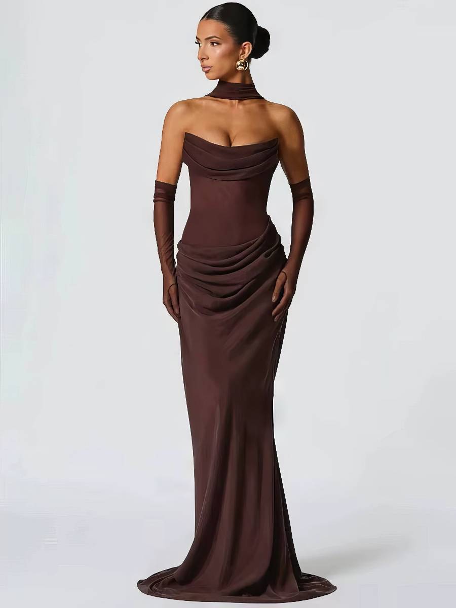 Robe Sirène Satin Marron Drapée Col Écharpe Dos Nu