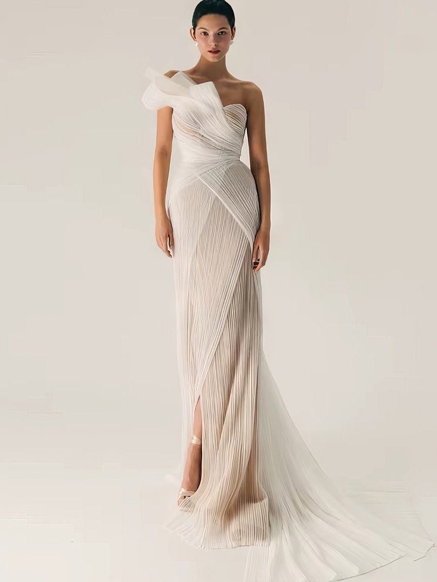 Robe Sirène Tulle Plissé Bustier Asymétrique Traîne Élégante Soirée Chic