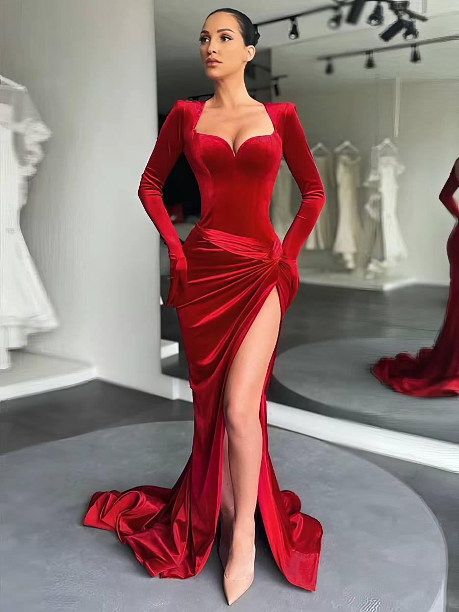 Robe Sirène Velours Manches Longues Gants Fente Haute
