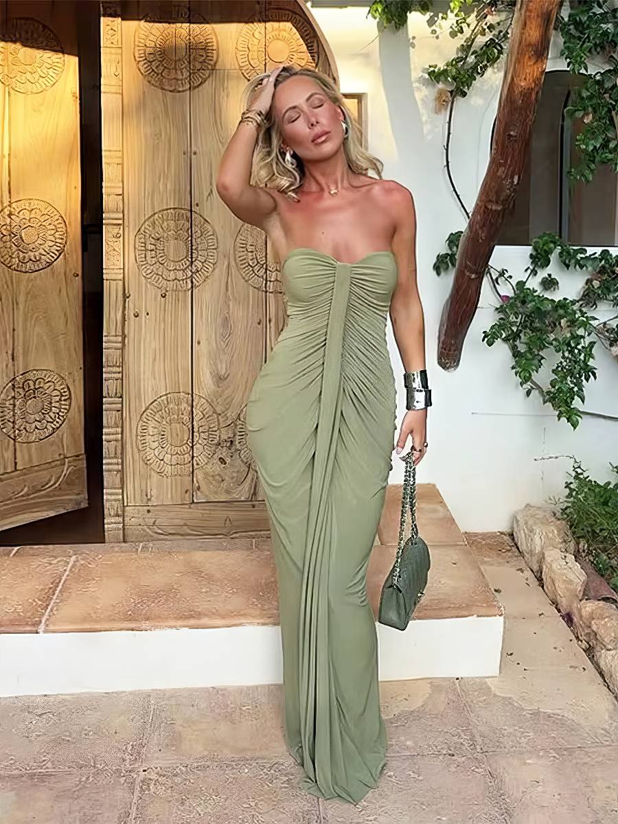 Robe Sirène Verte Bustier Drapé Froncée Latérale