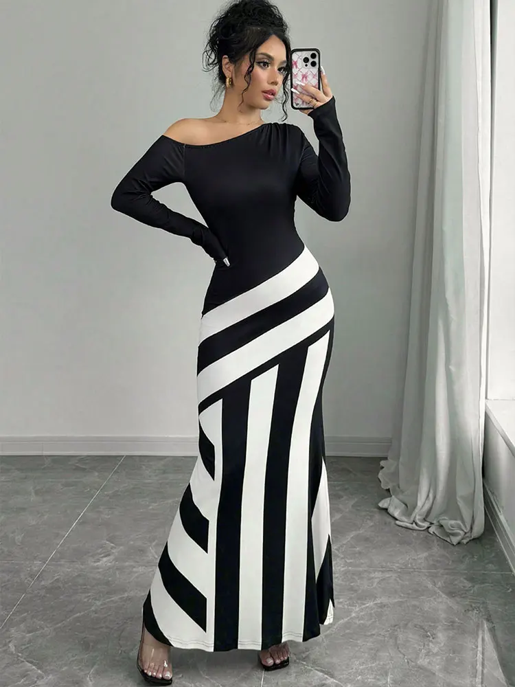 Robe Sirène Longue Noir Et Blanc Asymétrique Col Bateau Manches Longues
