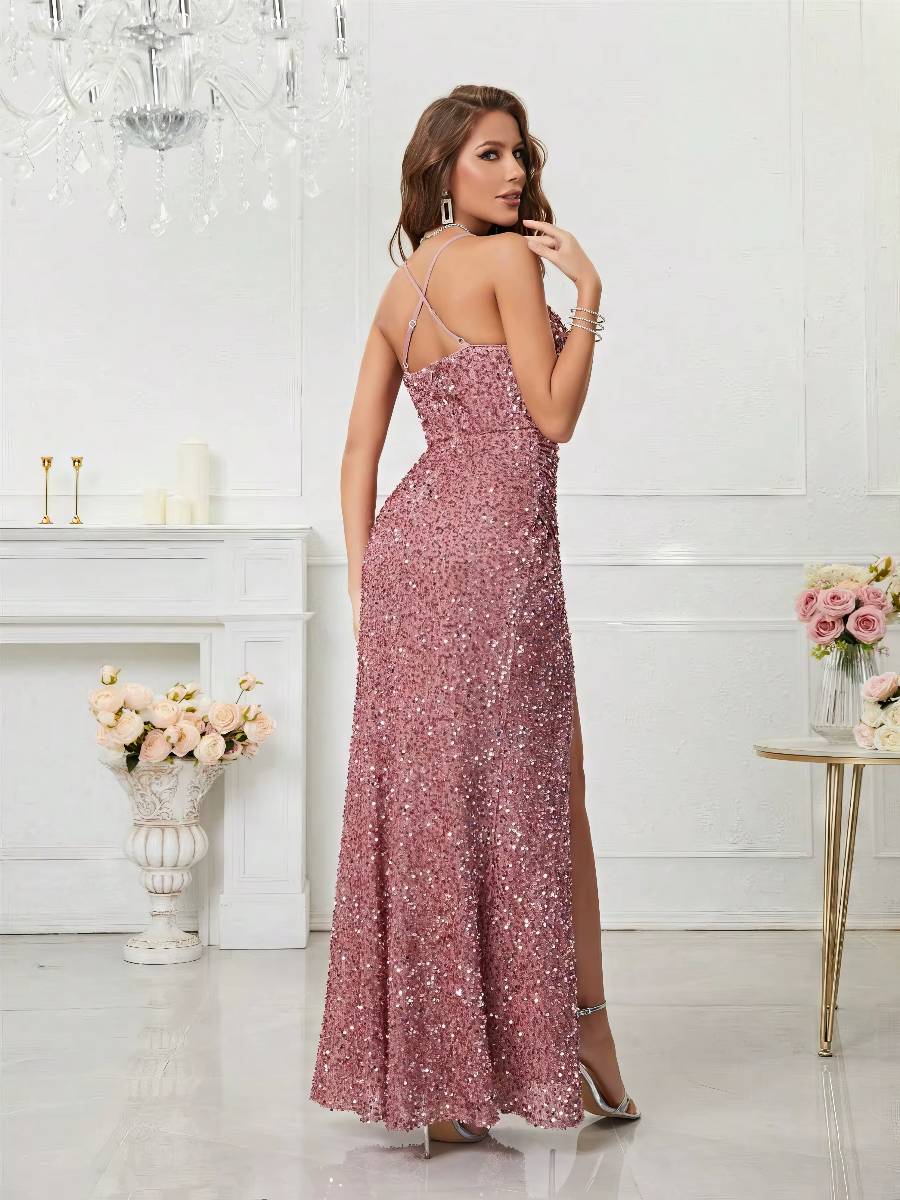 Robe Longue Pailletée Bretelles Fines Fente Haute Coupe Sirène Élégante Soirée Robe Longue Pailletée Bretelles Fines Fente Haute Coupe Sirène Élégante Soirée image 1