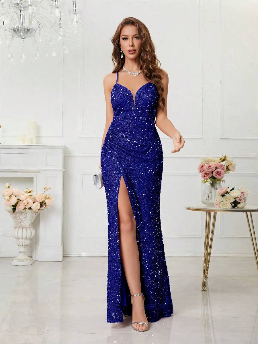 Robe Longue Pailletée Bretelles Fines Fente Haute Coupe Sirène Élégante Soirée Robe Longue Pailletée Bretelles Fines Fente Haute Coupe Sirène Élégante Soirée image 12