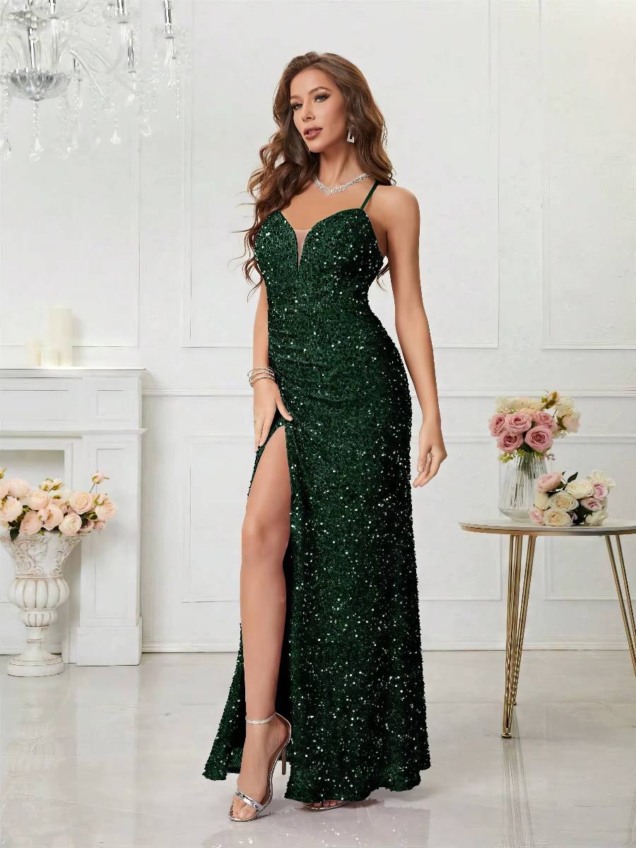 Robe Longue Pailletée Bretelles Fines Fente Haute Coupe Sirène Élégante Soirée Robe Longue Pailletée Bretelles Fines Fente Haute Coupe Sirène Élégante Soirée image 14