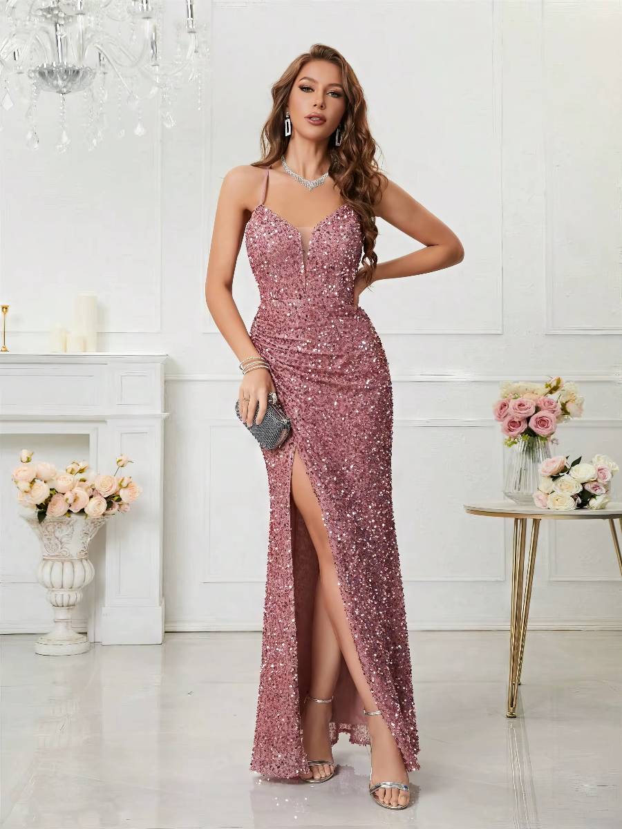 Robe Longue Pailletée Bretelles Fines Fente Haute Coupe Sirène Élégante Soirée Robe Longue Pailletée Bretelles Fines Fente Haute Coupe Sirène Élégante Soirée image 2
