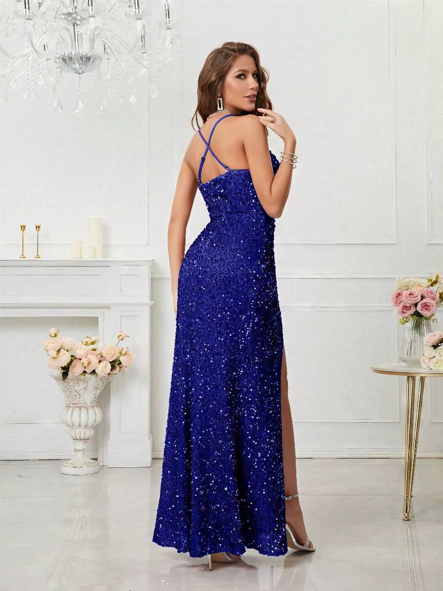Robe Longue Pailletée Bretelles Fines Fente Haute Coupe Sirène Élégante Soirée Robe Longue Pailletée Bretelles Fines Fente Haute Coupe Sirène Élégante Soirée image 4