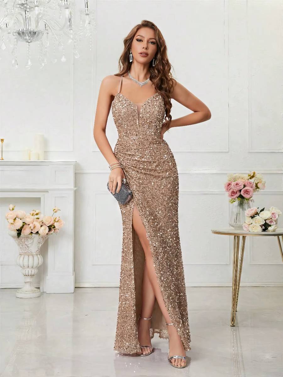 Robe Longue Pailletée Bretelles Fines Fente Haute Coupe Sirène Élégante Soirée Robe Longue Pailletée Bretelles Fines Fente Haute Coupe Sirène Élégante Soirée image 6