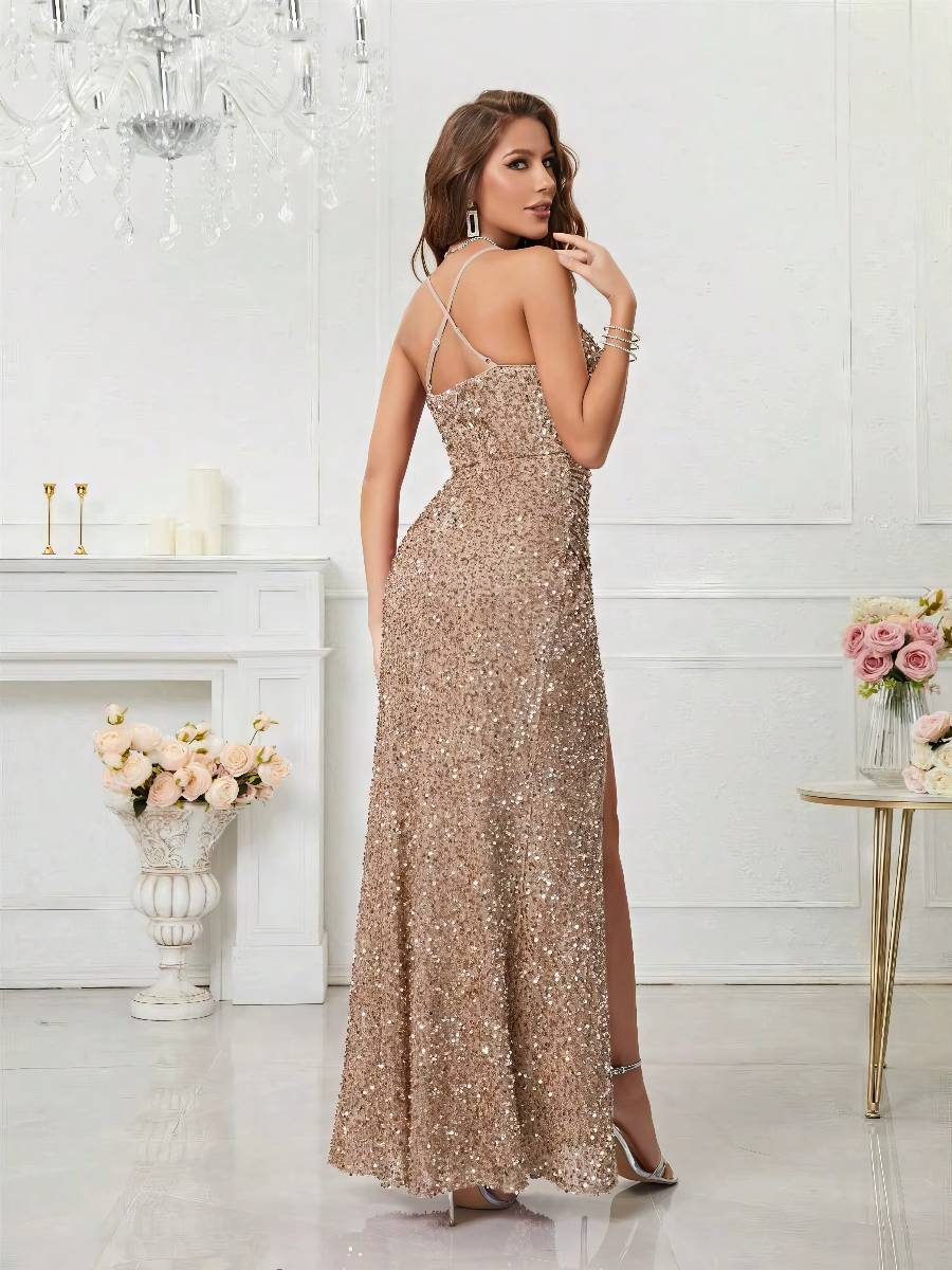 Robe Longue Pailletée Bretelles Fines Fente Haute Coupe Sirène Élégante Soirée Robe Longue Pailletée Bretelles Fines Fente Haute Coupe Sirène Élégante Soirée image 8