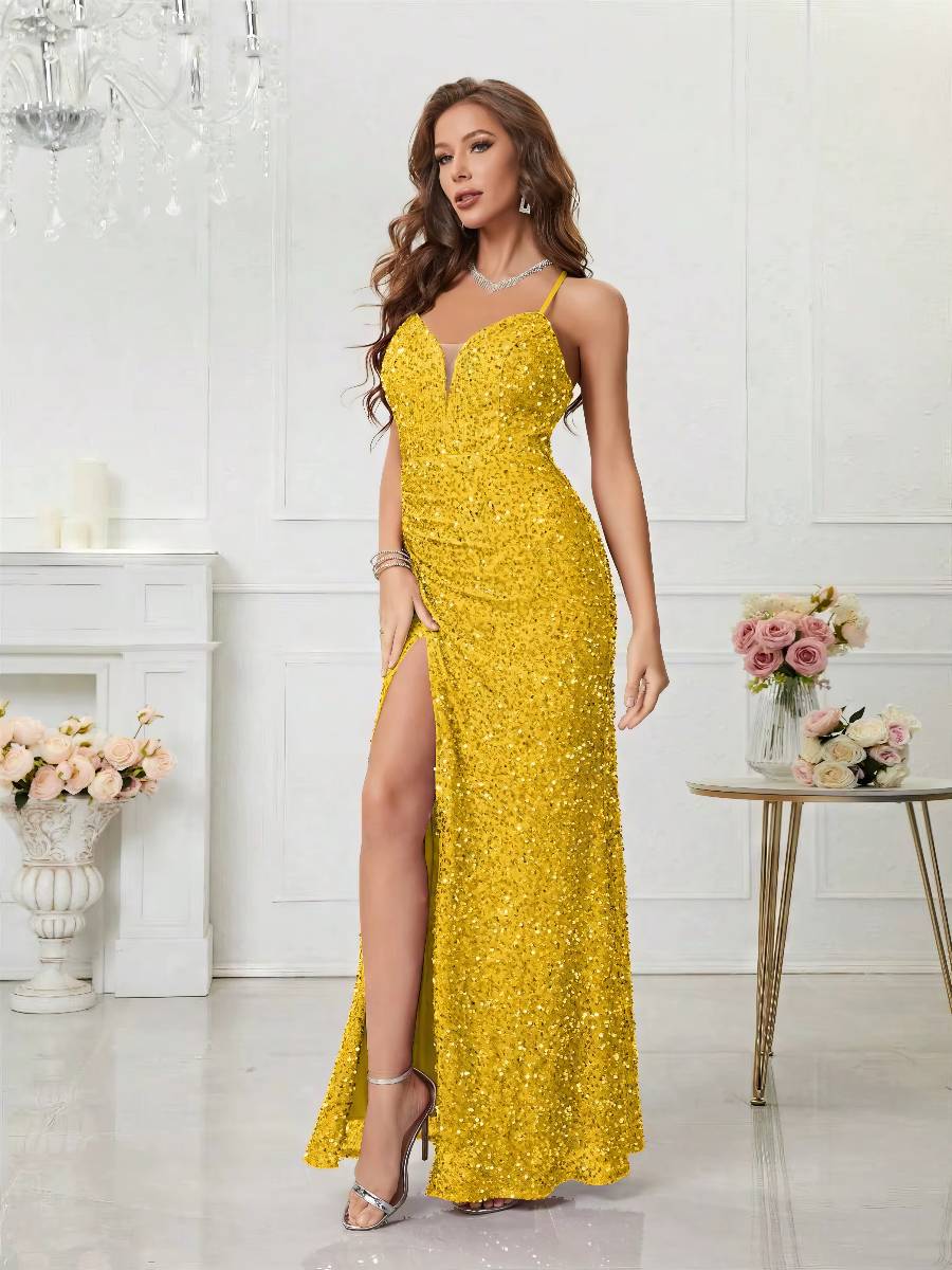 Robe Longue Pailletée Bretelles Fines Fente Haute Coupe Sirène Élégante Soirée Robe Longue Pailletée Bretelles Fines Fente Haute Coupe Sirène Élégante Soirée image 9