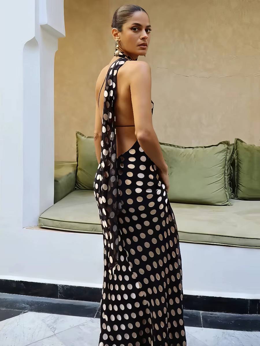 Robe Longue Sirène Noire Col Asymétrique Dos Nu Fente Haute Pois Rétro Robe Longue Sirène Noire Col Asymétrique Dos Nu Fente Haute Pois Rétro image 1