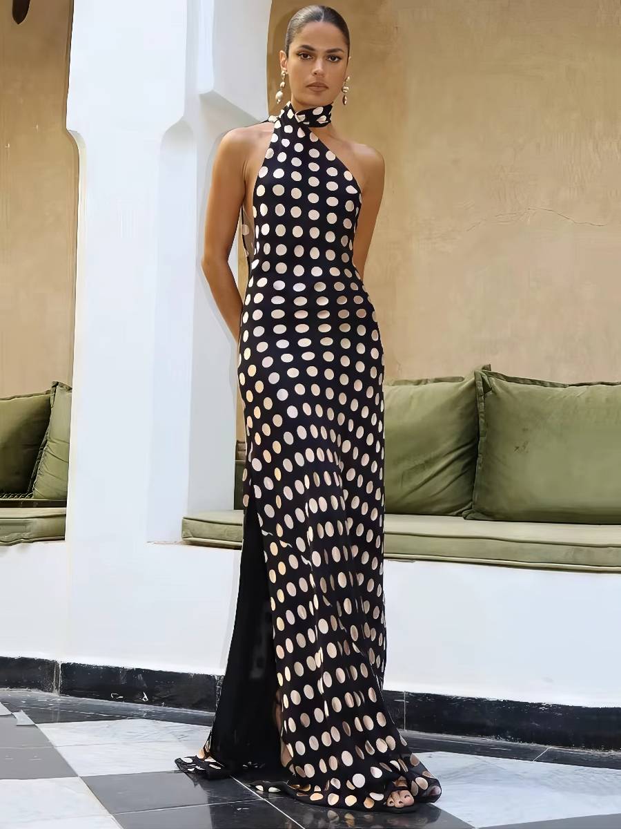 Robe Longue Sirène Noire Col Asymétrique Dos Nu Fente Haute Pois Rétro Robe Longue Sirène Noire Col Asymétrique Dos Nu Fente Haute Pois Rétro image 3