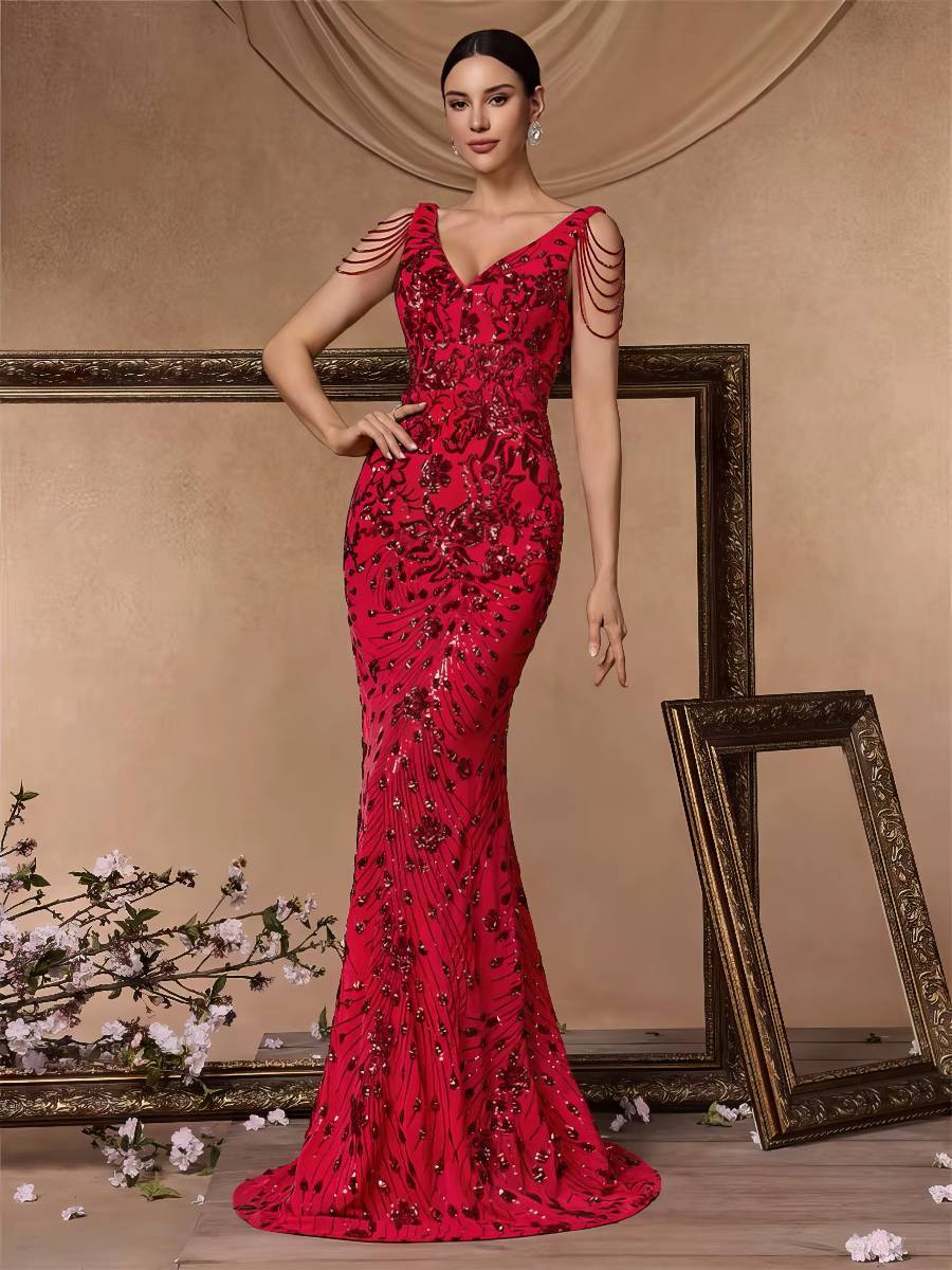 Robe Rouge Pailletée Sirène Col En V Épaules Bijoux Soirée Élégante Maxi Scintillante Robe Rouge Pailletée Sirène Col En V Épaules Bijoux Soirée Élégante Maxi Scintillante image 2