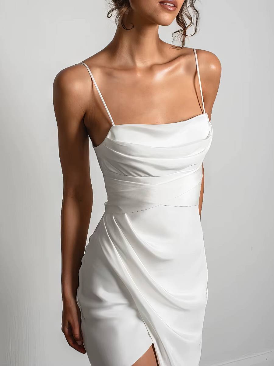 Robe Sirène Blanche Bretelles Fines Fendue Satin Élégante Mariage Champêtre Robe Sirène Blanche Bretelles Fines Fendue Satin Élégante Mariage Champêtre image 2