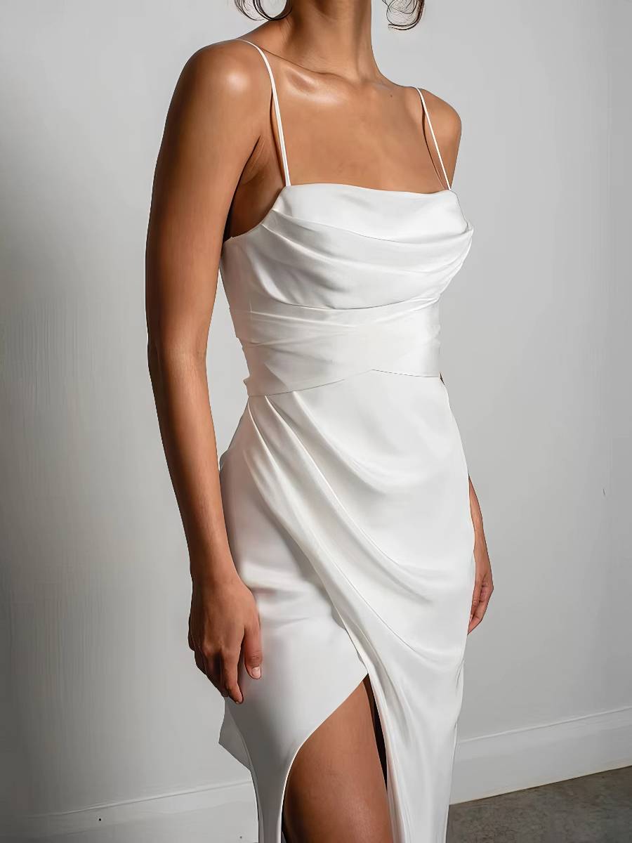 Robe Sirène Blanche Bretelles Fines Fendue Satin Élégante Mariage Champêtre Robe Sirène Blanche Bretelles Fines Fendue Satin Élégante Mariage Champêtre image 3
